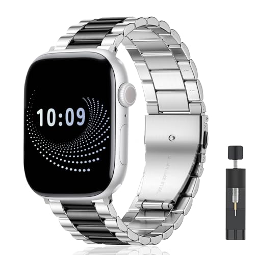 AiiBowy Armband Kompatibel mit Apple Watch 46mm(Series 10) 45mm 44mm 42mm 49mm, Metall Edelstahl Ersatzarmband für Apple Watch Ultra 2/Ultra/SE 2/SE/Series 10/9/8/7/6/5/4/3/2/1 Silber Schwarz von AiiBowy