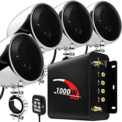 Aileap 1000W 4 Kanal Motorrad Verstärker 4 "Full Range Wasserdicht Bluetooth Motorrad Stereo Lautsprecher Audio System mit AUX USB SD FM Radio für 1-1.5" Lenker Harley Cruiser ATV UTV (Chrom, net) von Aileap