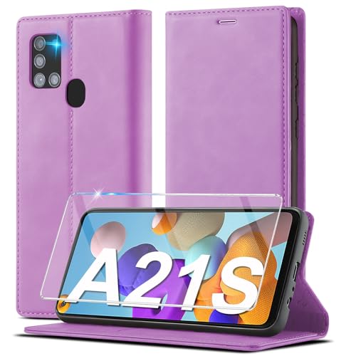 2023 Upgraded A21s Handyhülle für Samsung A21s Hülle Leder [Mit Schutzfolie] [Kartenfach] für Samsung Galaxy A21s Hülle Leder, Etui Flip Schutzhülle Stoßfeste für Samsung A21s Handyhülle (Lila) von Ailicici