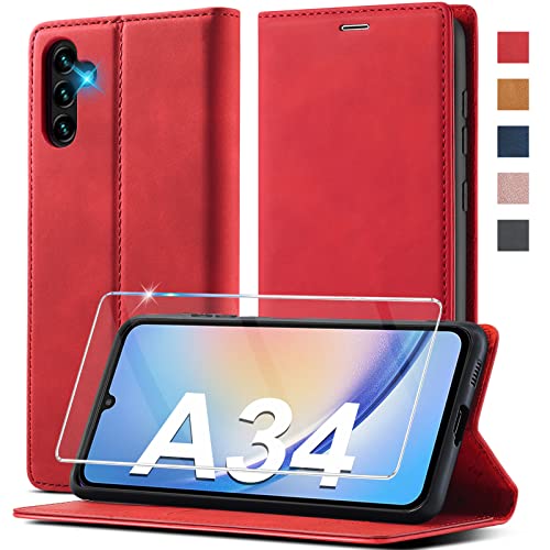 2023 Upgraded Handyhülle für Samsung Galaxy A34 Hülle Leder [Mit A34 Schutzfolie] für Samsung Galaxy A34 5G Hülle Klappbar Leder Flip Wallet Stoßfeste Case Schutzhülle Klapphülle für Samsung A34 Hülle von Ailicici