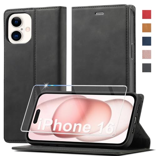 Ailicici Handyhülle für iPhone 16 Hülle Leder [Mit Schutzfolie] für iPhone 16 Hülle Klappbar Leder Flip Wallet 360 Stoßfeste Case Schutzhülle Klapphülle für iPhone 16 Hülle Holster von Ailicici