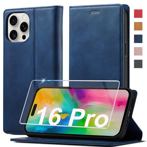 Ailicici Handyhülle für iPhone 16 Pro Leder [Mit Schutzfolie] Klappbar Flip Wallet 360 Stoßfeste Case Schutzhülle Klapphülle Holster von Ailicici