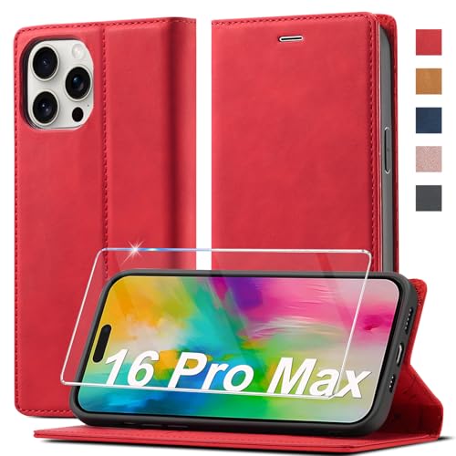 Handyhülle für iPhone 16 Pro Max Leder [Mit Schutzfolie] Klappbar Flip Wallet 360 Stoßfeste Case Schutzhülle Klapphülle Holster von Ailicici