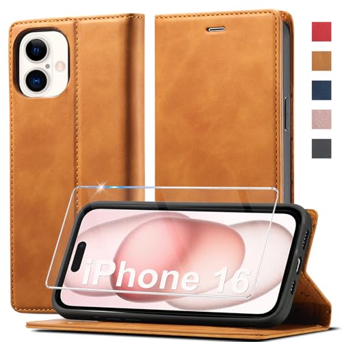 Ailicici Handyhülle für iPhone 16 Leder [Mit Schutzfolie] Klappbar Flip Wallet 360 Stoßfeste Case Schutzhülle Klapphülle Holster von Ailicici
