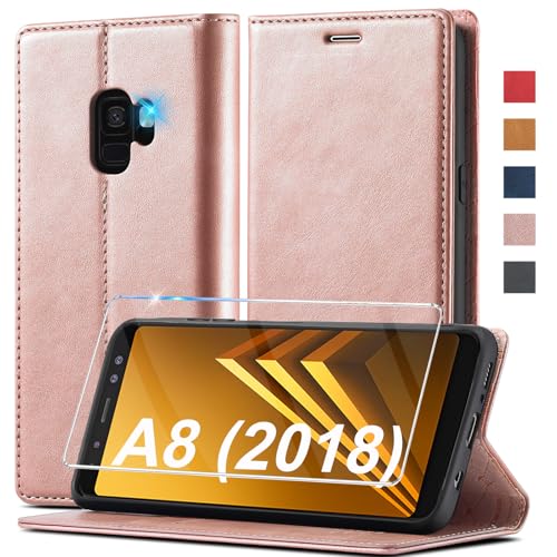 Handyhülle für Samsung Galaxy A8 2018 Hülle Leder [Mit A8 2018 Schutzfolie] für Samsung Galaxy A8 2018 Hülle Klappbar Leder Flip Wallet Stoßfeste Case Schutzhülle Klapphülle für Samsung A8 2018 Hülle von Ailicici
