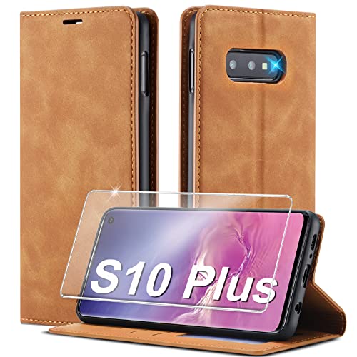 Handyhülle für Samsung Galaxy S10 Plus Hülle Leder [Mit S10 Plus Schutzfolie] für Samsung S10 Plus Hülle Klappbar Flip Stoßfeste Leder Wallet Case Cover Schutzhülle für Samsung Galaxy S10 Plus Hülle von Ailicici