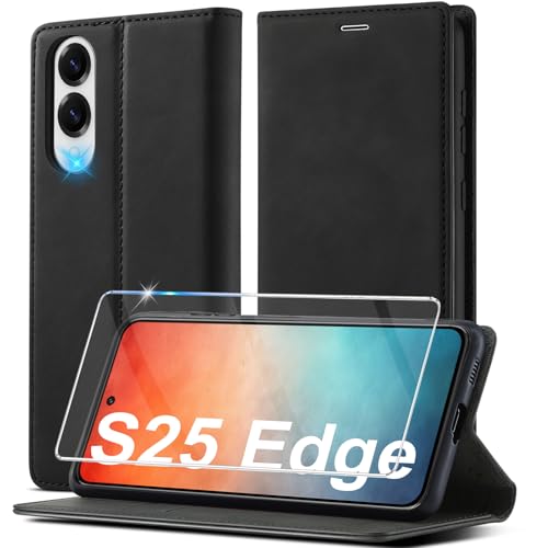 Handyhülle für Samsung Galaxy S25 Edge Hülle Leder [Mit Schutzfolie] für Samsung S25 Edge 5G Hülle Klappbar Leder Flip Wallet Stoßfeste Case Schutzhülle Klapphülle für Samsung S25 Edge Hülle Holster von Ailicici