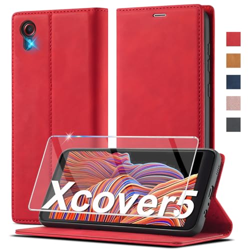 Ailicici Hülle Leder für Samsung Galaxy Xcover 5 - Klapphülle mit Schutzfolie, Magnetischer Verschluss, Ständer, Rot von Ailicici