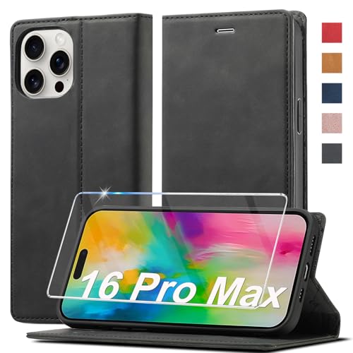 Handyhülle für iPhone 16 Pro Max Hülle Leder [Mit Schutzfolie] für iPhone 16 Pro Max Hülle Klappbar Leder Flip Wallet 360 Stoßfeste Case Schutzhülle Klapphülle für iPhone 16 Pro Max Hülle Holster von Ailicici