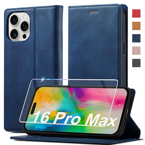 Handyhülle für iPhone 16 Pro Max Hülle Leder [Mit Schutzfolie] für iPhone 16 Pro Max Hülle Klappbar Leder Flip Wallet 360 Stoßfeste Case Schutzhülle Klapphülle für iPhone 16 Pro Max Hülle Holster von Ailicici