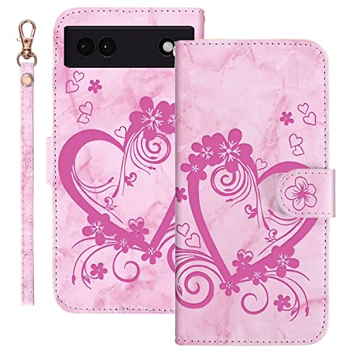 Ailisi Handyhülle für Google Pixel 6a (6,1 Zoll), Blume Liebe Herz Muster Marmor PU Leder Klapphüllen Schutzhülle Brieftasche Handytasche Etui Magnetisch Flip Cover Case - Rosa von Ailisi