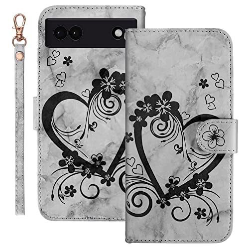 Ailisi Handyhülle für Google Pixel 6a (6,1 Zoll), Blume Liebe Herz Muster Marmor PU Leder Klapphüllen Schutzhülle Brieftasche Handytasche Etui Magnetisch Flip Cover Case - Schwarz von Ailisi