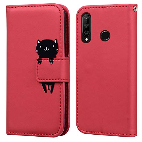 Ailisi Handyhülle für Huawei P30 Lite, Karikatur Schwarz Cat Muster PU Leder Handyhülle Brieftasche Schutzhülle Etui Flip Case Cover Tasche Klapphüllen mit Kartenfächern -Katze, Dunkelrot von Ailisi