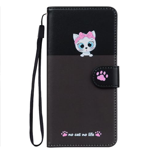 Ailisi Handyhülle für Redmi 10 2022, Weiße Katze Tier Karikatur Muster PU Leder Klapphüllen Brieftasche Tasche Etui Schutzhülle mit Kartenfächern, Standfunktion, Schwarz/Grau von Ailisi