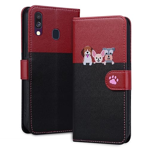 Ailisi Handyhülle für Samsung Galaxy A20E/SM-A202F, Niedliche Hunde Karikatur PU Leder Klapphüllen Brieftasche Tasche Etui Magnetverschluss Schutzhülle mit Kartenfächern, Ständer, Rot/Schwarz von Ailisi
