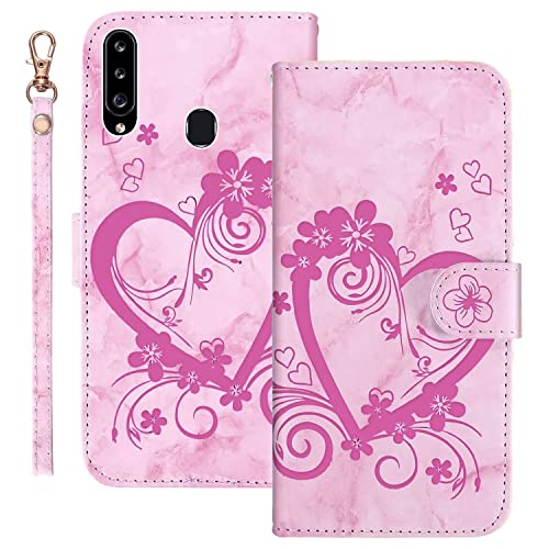 Ailisi Handyhülle für Samsung Galaxy A20S (6,5 Zoll), Blume Liebe Herz Muster Marmor PU Leder Klapphüllen Schutzhülle Brieftasche Handytasche Etui Magnetisch Flip Cover Case - Rosa von Ailisi