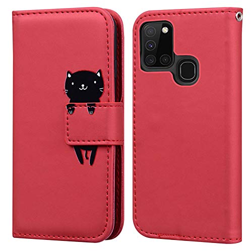 Ailisi Handyhülle für Samsung Galaxy A21S, Karikatur Schwarz Cat Muster PU Leder Handyhülle Brieftasche Schutzhülle Etui Flip Case Cover Tasche Klapphüllen mit Kartenfächern -Katze, Dunkelrot von Ailisi