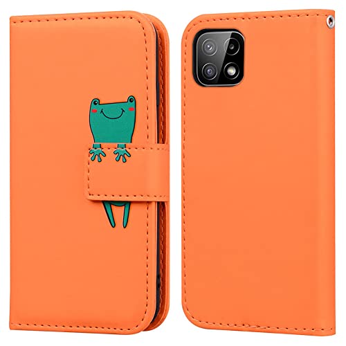 Ailisi Handyhülle für Samsung Galaxy A22 5G, Karikatur Grün Frog Muster Leder Handyhülle Brieftasche Schutzhülle Leder Flip Case Cover Klapphüllen Tasche Etui mit Kartenfächern -Frosch, Orange von Ailisi