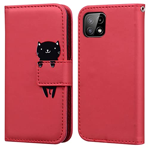 Ailisi Handyhülle für Samsung Galaxy A22 5G, Karikatur Schwarz Cat Muster Leder Handyhülle Brieftasche Schutzhülle Leder Flip Case Cover Klapphüllen Tasche Etui mit Kartenfächern -Katze, Dunkelrot von Ailisi