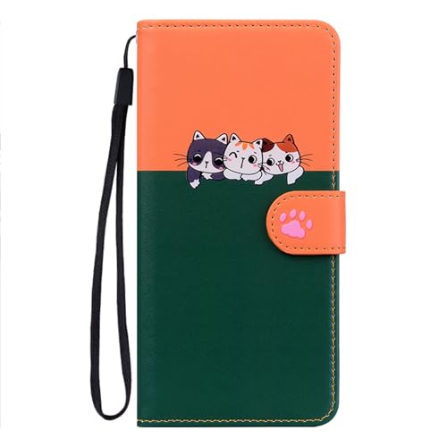 Ailisi Handyhülle für Samsung Galaxy A41/SM-A415F, Niedliche Katzen Karikatur PU Leder Klapphüllen Brieftasche Tasche Etui Magnetverschluss Schutzhülle mit Kartenfächern, Ständer, Orange/Dunkelgrün von Ailisi