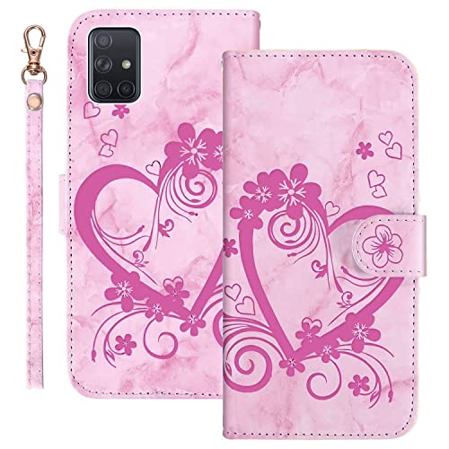 Ailisi Handyhülle für Samsung Galaxy A51 4G SM-A515F (6,5 Zoll), Blume Liebe Herz Muster Marmor PU Leder Klapphüllen Schutzhülle Brieftasche Handytasche Etui Magnetisch Flip Cover Case - Rosa von Ailisi