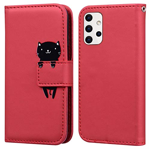 Ailisi Handyhülle für Samsung Galaxy A53 5G, Karikatur Schwarz Cat Muster Leder Handyhülle Brieftasche Schutzhülle Leder Flip Case Cover Klapphüllen Tasche Etui mit Kartenfächern -Katze, Dunkelrot von Ailisi