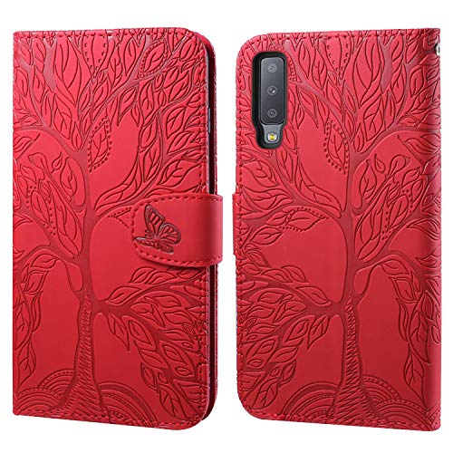 Ailisi Handyhülle für Samsung Galaxy A7 2018, Baum Muster Klapphülle Leder Handy Tasche Etui Wallet Flip Case Schutz Hülle Brieftasche mit TPU innen Schale, Kartenfächer, Aufstellfunktion -Rot von Ailisi