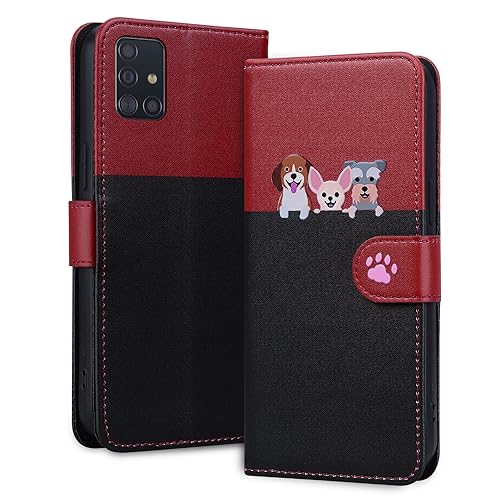 Ailisi Handyhülle für Samsung Galaxy A71 4G/SM-A715F, Cute Hunde Karikatur PU Leder Klapphüllen Brieftasche Tasche Etui Magnetverschluss Schutzhülle mit Kartenfächern, Ständer, Rot/Schwarz von Ailisi