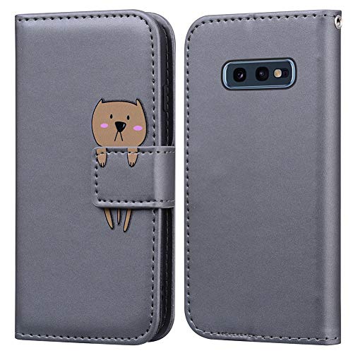 Ailisi Handyhülle für Samsung Galaxy S10e, Karikatur Braun Bär Muster Lederhülle Brieftasche Schutzhülle Leder Flip Case Wallet Cover Klapphüllen Tasche Etui mit Kartenfächern+Stand -Bär, Grau von Ailisi