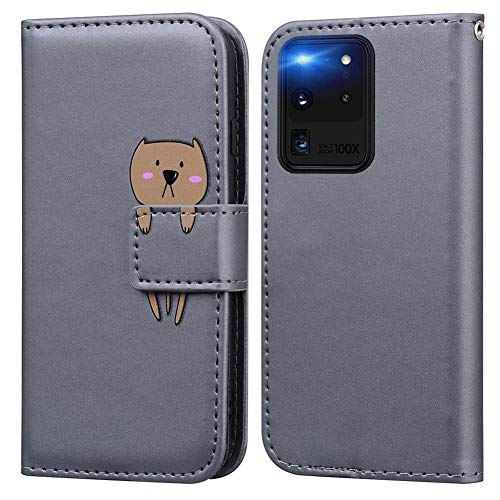 Ailisi Handyhülle für Samsung Galaxy S20 Ultra, Karikatur Braun Bär Muster Leder Brieftasche Schutzhülle Leder Flip Case Wallet Cover Klapphüllen Tasche Etui mit Kartenfächern+Stand -Bär, Grau von Ailisi