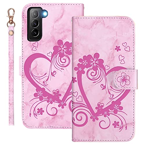 Ailisi Handyhülle für Samsung Galaxy S21 5G (6,2 Zoll), Blume Liebe Herz Muster Marmor PU Leder Klapphüllen Schutzhülle Brieftasche Handytasche Etui Magnetisch Flip Cover Case - Rosa von Ailisi