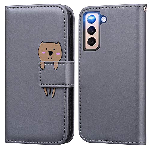 Ailisi Handyhülle für Samsung Galaxy S21 FE 5G, Karikatur Braun Bär Muster PU Leder Handyhülle Brieftasche Schutzhülle Etui Flip Case Cover Tasche Klapphüllen mit Kartenfächern -Bär, Grau von Ailisi