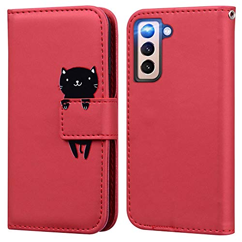 Ailisi Handyhülle für Samsung Galaxy S21 FE 5G, Karikatur Schwarz Cat Muster PU Leder Handyhülle Brieftasche Schutzhülle Etui Flip Case Cover Tasche Klapphüllen mit Kartenfächern -Katze, Dunkelrot von Ailisi