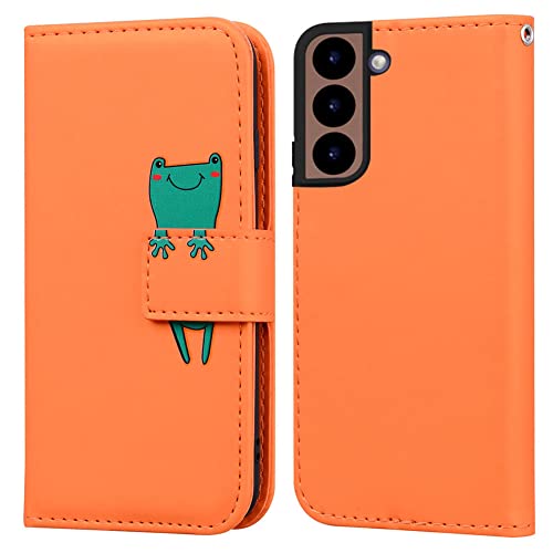 Ailisi Handyhülle für Samsung Galaxy S22 Plus/S22+ 5G, Karikatur Grün Frog Muster PU Leder Handyhülle Brieftasche Schutzhülle Etui Flip Case Tasche Klapphüllen mit Kartenfächern -Frosch, Orange von Ailisi