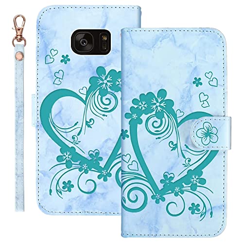 Ailisi Handyhülle für Samsung Galaxy S7 Edge (5,5 Zoll), Blume Liebe Herz Muster Marmor PU Leder Klapphüllen Schutzhülle Brieftasche Handytasche Etui Magnetisch Flip Cover Case - Grün von Ailisi