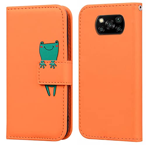 Ailisi Handyhülle für Xiaomi Poco X3 NFC/X3 Pro, Karikatur Grün Frog Muster PU Leder Handyhülle Brieftasche Schutzhülle Etui Flip Case Cover Tasche Klapphüllen mit Kartenfächern -Frosch, Orange von Ailisi