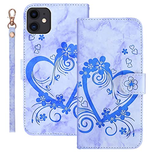 Ailisi Handyhülle für iPhone 11 (6,1 Zoll), Blume Liebe Herz Muster Marmor PU Leder Klapphüllen Schutzhülle Brieftasche Handytasche Etui Magnetisch Flip Cover Case - Blau von Ailisi