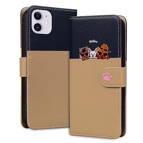 Ailisi Handyhülle für iPhone 11 (6,1 Zoll), Niedliche Hunde Karikatur PU Leder Klapphüllen Brieftasche Tasche Etui Magnetverschluss Schutzhülle mit Kartenfächern, Ständer, Dunkelblau/Khaki von Ailisi