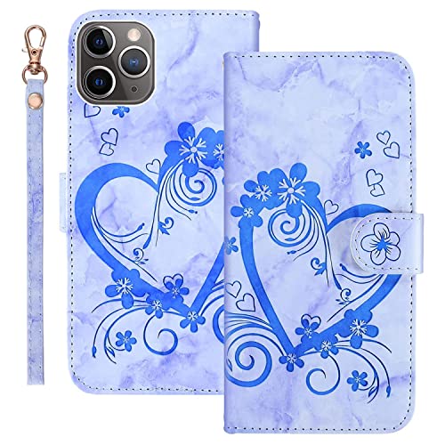 Ailisi Handyhülle für iPhone 11 Pro (5,8 Zoll), Blume Liebe Herz Muster Marmor PU Leder Klapphüllen Schutzhülle Brieftasche Handytasche Etui Magnetisch Flip Cover Case - Blau von Ailisi