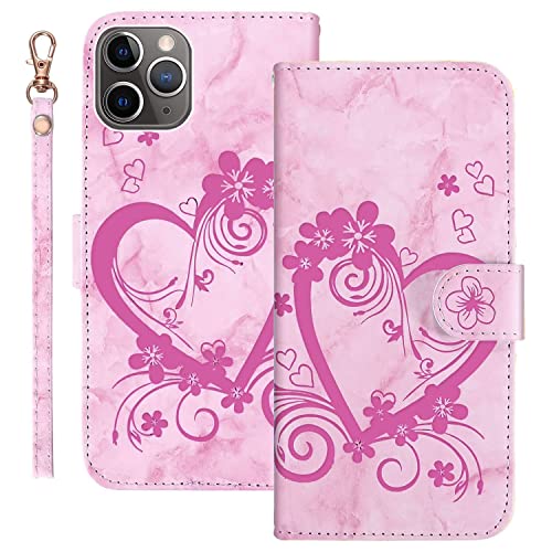 Ailisi Handyhülle für iPhone 11 Pro Max (6,5 Zoll), Blume Liebe Herz Muster Marmor PU Leder Klapphüllen Schutzhülle Brieftasche Handytasche Etui Magnetisch Flip Cover Case - Rosa von Ailisi