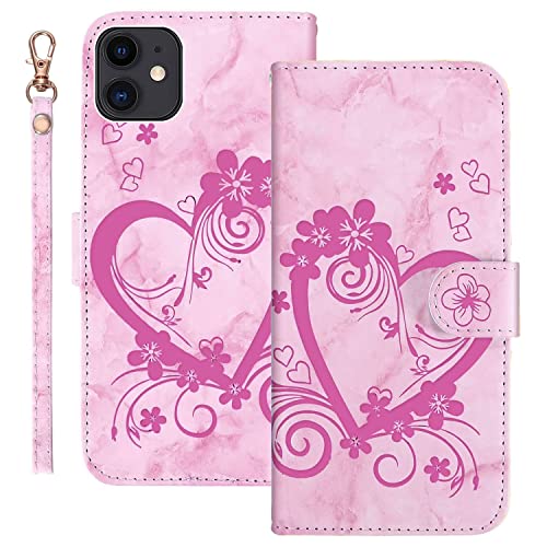 Ailisi Handyhülle für iPhone 12 Mini (5,4 Zoll), Blume Liebe Herz Muster Marmor PU Leder Klapphüllen Schutzhülle Brieftasche Handytasche Etui Magnetisch Flip Cover Case - Rosa von Ailisi