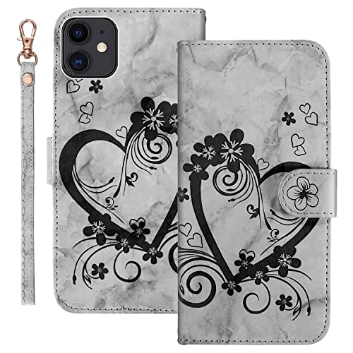 Ailisi Handyhülle für iPhone 12 Mini (5,4 Zoll), Blume Liebe Herz Muster Marmor PU Leder Klapphüllen Schutzhülle Brieftasche Handytasche Etui Magnetisch Flip Cover Case - Schwarz von Ailisi