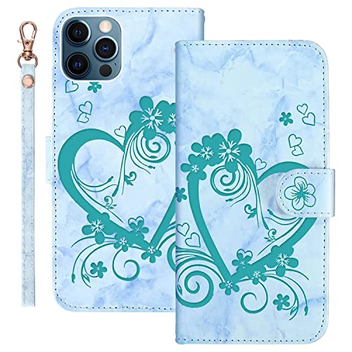 Ailisi Handyhülle für iPhone 12 Pro Max (6,7 Zoll), Blume Liebe Herz Muster Marmor PU Leder Klapphüllen Schutzhülle Brieftasche Handytasche Etui Magnetisch Flip Cover Case - Grün von Ailisi