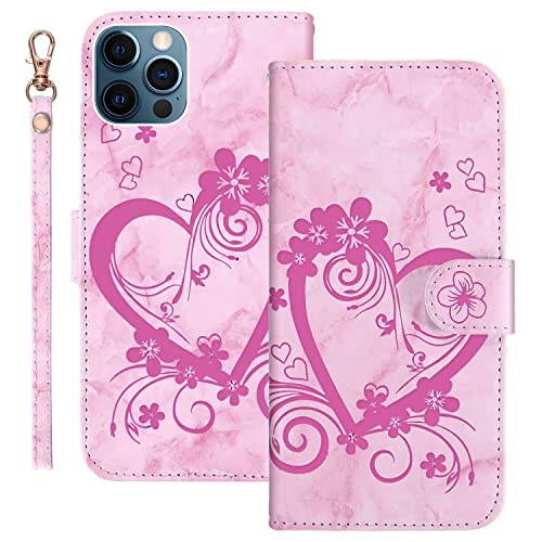 Ailisi Handyhülle für iPhone 12 Pro Max (6,7 Zoll), Blume Liebe Herz Muster Marmor PU Leder Klapphüllen Schutzhülle Brieftasche Handytasche Etui Magnetisch Flip Cover Case - Rosa von Ailisi