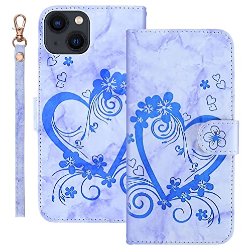 Ailisi Handyhülle für iPhone 13 (6,1 Zoll), Blume Liebe Herz Muster Marmor PU Leder Klapphüllen Schutzhülle Brieftasche Handytasche Etui Magnetisch Flip Cover Case - Blau von Ailisi
