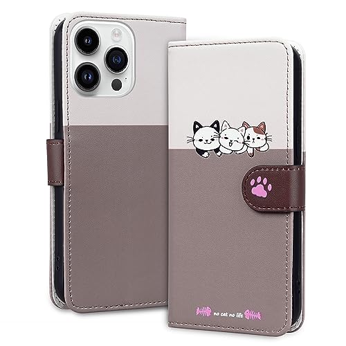 Ailisi Handyhülle für iPhone 13 Pro (6,1 Zoll), Niedliche Katzen Karikatur PU Leder Klapphüllen Brieftasche Tasche Etui Magnetverschluss Schutzhülle mit Kartenfächern, Ständer, Weiß/Hellbraun von Ailisi