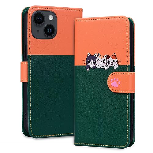 Ailisi Handyhülle für iPhone 14 (6,1 Zoll), Niedliche Katzen Karikatur PU Leder Klapphüllen Brieftasche Tasche Etui Magnetverschluss Schutzhülle mit Kartenfächern, Ständer, Orange/Dunkelgrün von Ailisi