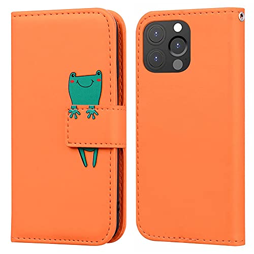 Ailisi Handyhülle für iPhone 14 Pro (6,1 Zoll), Karikatur Grün Frog Muster PU Leder Hülle Brieftasche Schutzhülle Klapphüllen Tasche Etui mit Kartenfächern + Stand -Frosch, Orange von Ailisi