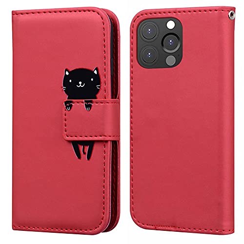 Ailisi Handyhülle für iPhone 15 Pro (6,1 Zoll), Karikatur Schwarz Cat Muster PU Leder Hülle Brieftasche Schutzhülle Klapphüllen Tasche Etui mit Kartenfächern + Stand -Katze, Dunkelrot von Ailisi