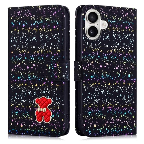 Ailisi Handyhülle für iPhone 16, Glitzer Cute Bear PU Leder Klappbar Brieftasche Klapphülle Rot Bär Schutzhülle Handytasche Lederhülle Flip Case Cover mit Kartenfach, Kickstand, Schwarz von Ailisi